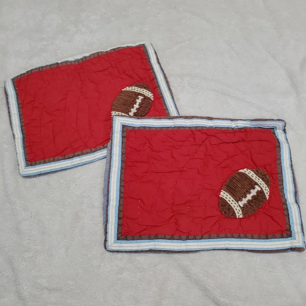 Pottery‎ Barn Kids Red Quilted Football Toddler Crib Pillow Sham Cover Set Pair